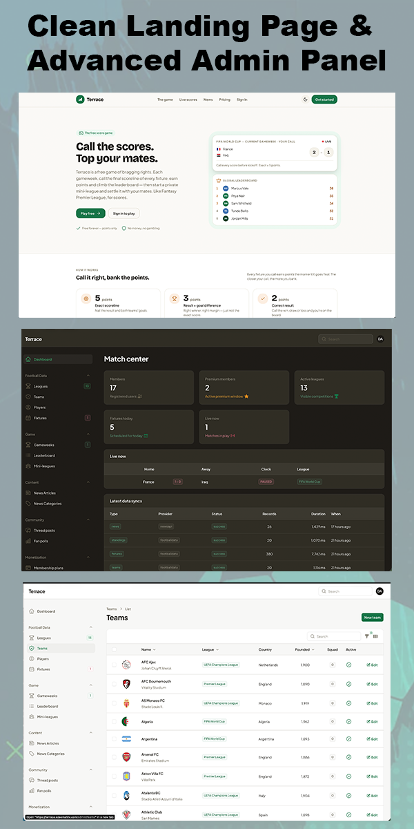 Terrace admin and dashboard preview